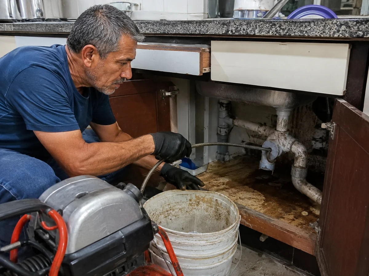Destape de lavaplatos bajo mueble de cocina